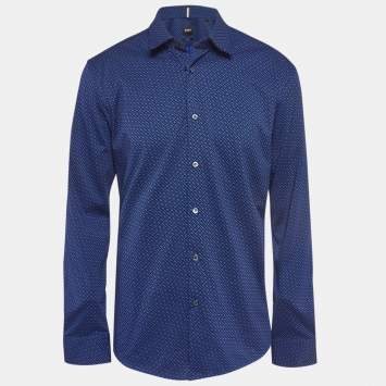 Pre Owned Boss By Hugo Boss Blue B Monogram Cotton Blend Slim Fit Shirt XL