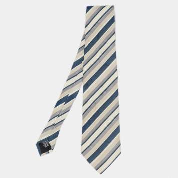 Pre Owned Boss By Hugo Boss Blue/Beige Diagonal Striped Silk Tie
