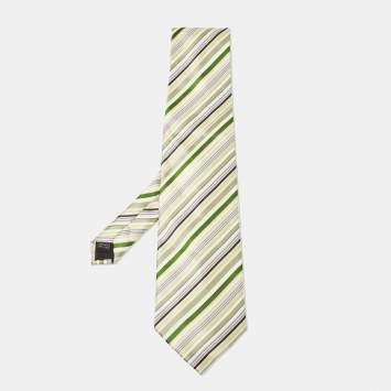 Pre Owned Boss by Hugo Boss Green/Yellow Diagonal Striped Silk Traditional Tie