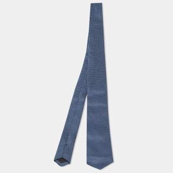 Pre Owned Boss By Hugo Boss Navy Blue Water Repellent Jacquard Silk Tie 
