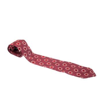 Pre Owned Boss By Hugo Boss Mauve Pink and Red Floral Embroidered Silk Jacquard Tie