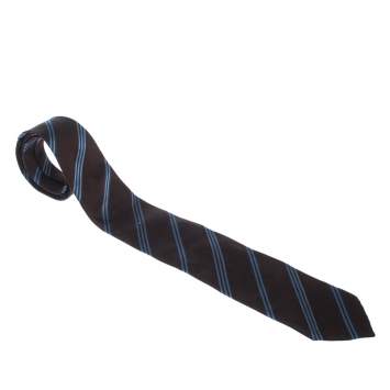 Pre Owned Boss By Hugo Boss Brown & Blue Diagonal Stripes Silk Jacquard Traditional Tie