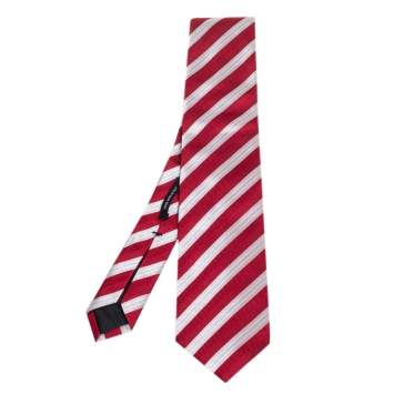 Pre Owned Boss by Hugo Boss Red and Silver Jacquard Stripe Silk Tie