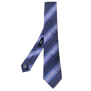 Pre Owned Boss By Hugo Boss Navy Blue Striped Silk Narrow Tie