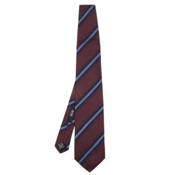 Pre Owned Boss By Hugo Boss Burgundy Striped Silk Tie