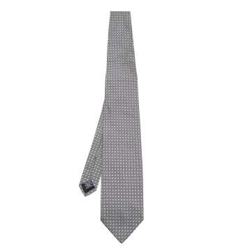 Pre Owned Boss By Hugo Boss Grey Square Patterned Silk Jacquard Tie