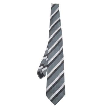 Pre Owned Boss By Hugo Boss Grey Striped Silk Jacquard Tie