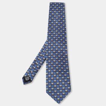 Pre Owned Boss By Hugo Boss Blue Floral Motif Jacquard Silk Tie