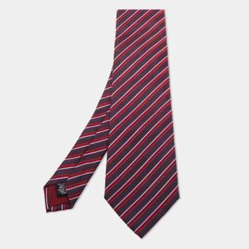 Pre Owned Boss By Hugo Boss Burgundy Diagonal Striped Silk Tie
