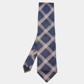 Pre Owned Boss By Hugo Boss Navy Blue Checked Silk Satin Tie