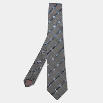Pre Owned Boss By Hugo Boss Grey/Blue Checked Silk Tie