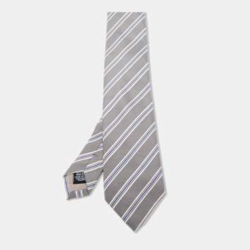 Pre Owned  Boss By Hugo Boss Grey Diagonal Striped Silk Tie