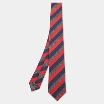 Pre Owned Boss By Hugo Boss Red/Navy Diagonal Striped Silk Tie