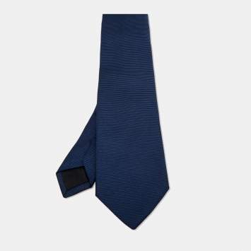 Pre Owned Boss By Hugo Boss Navy Blue Striped Silk Satin Tie