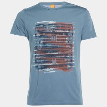 Pre Owned Boss By Hugo Boss Orange Grey Printed Cotton Talking 2 Crew Neck T-Shirt M