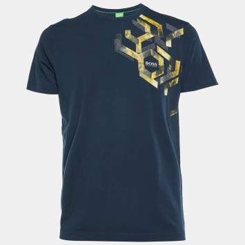 Pre Owned Boss By Hugo Boss Green Midnight Blue Printed Cotton Tee 6 T-Shirt M