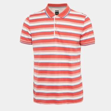 Pre Owned Boss By Hugo Boss Red Stripe Pima Cotton Regular Fit Polo L