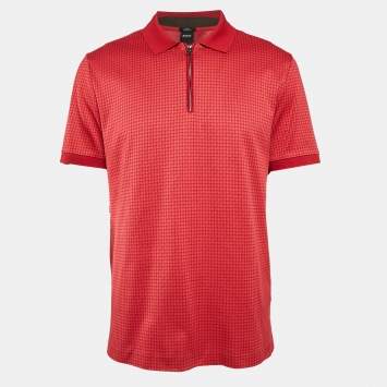 Pre Owned Boss By Hugo Boss Red Houndstooth Jersey Slim Fit Polo T-Shirt XL