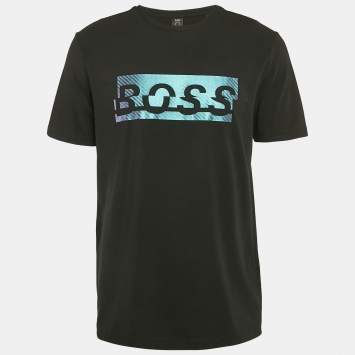 Pre Owned Boss By Hugo Boss Black Logo Print Cotton Crew Neck T-Shirt L