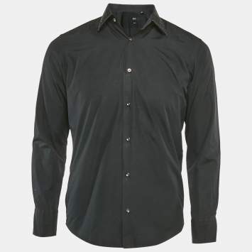 Pre Owned Boss By Hugo Boss Black Two Ply Cotton Collar Embellished Shirt S