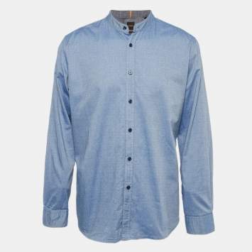 Pre Owned Boss By Hugo Boss Blue Patterned Cotton Long Sleeve Shirt XXL