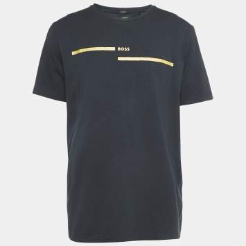 Pre Owned Boss By Hugo Boss Navy Blue Logo Print Round Neck Tee 4 T-Shirt XL