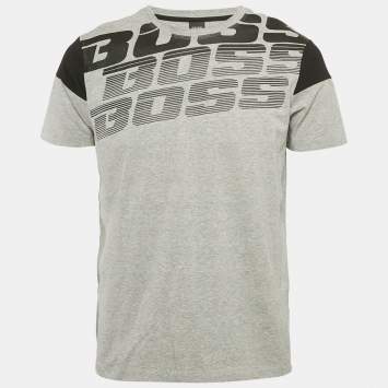Pre Owned Boss By Hugo Boss Grey Printed Jersey Crewneck T-Shirt L
