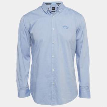 Pre Owned Boss Hugo Boss Blue Embroidered Logo Cotton Regular Fit Stretch Shirt L