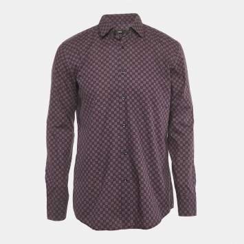 Pre Owned Boss By Hugo Boss Navy Blue Printed Cotton Slim Fit Shirt L