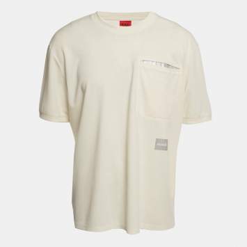 Pre Owned Boss By Hugo Boss Cream Logo Patch Cotton Blend T-Shirt XL 
