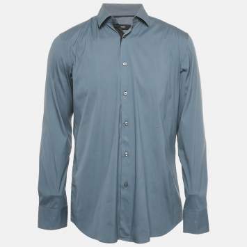 Pre Owned Boss By Hugo Boss Grey Cotton Blend Slim Fit Jonty Shirt L