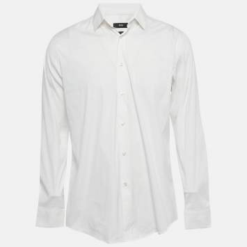 مملوكة مسبقًا قميص بوس باي هوغو بوس قطن مخلوط أبيض بقصة ضيقة إسكو مقاس كبير - لارج