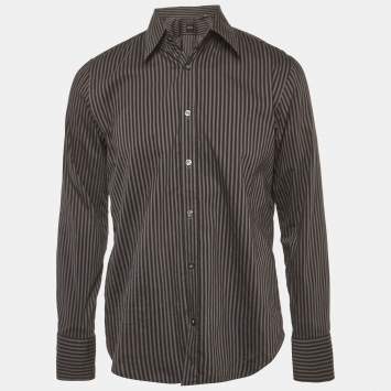 Pre Owned Boss By Hugo Boss Grey Striped Cotton Slim Fit Shirt M