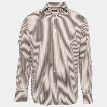 مملوكة مسبقًا Boss By Hugo Boss Brown/White Striped Cotton Shirt L