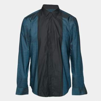 Pre Owned قميص بوس باي هوغو بوس قطن أسود/أزرق مائل إلى الأخضر بقصة ضيقة مقاس كبير جدًا - إكسترا لارج