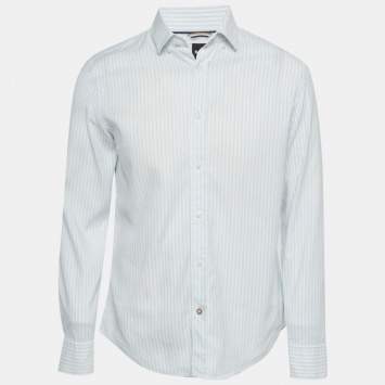 مملوكة مسبقًا Boss By Hugo Boss White/Blue Cotton Blend Striped Casual Fit Shirt M