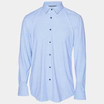 Pre Owned قميص بوس باي هوغو بوس قماش جيرسي مطبوع أزرق بقصة ضيقة مقاس كبير جدا