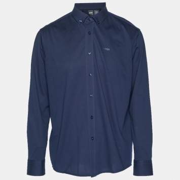 Pre Owned قميص بوس باي هوغو بوس قطني أزرق بحري مقاس عادي كبير جدا