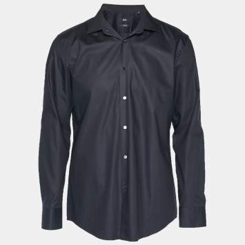 Pre Owned قميص بوس باي هوغو بوس جنو قطن أسود بقصة ضيقة مقاس كبير جدًا