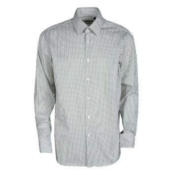 Pre Owned Boss By Hugo Boss Olive Green and White Striped Cotton Regular Fit Shirt XXL