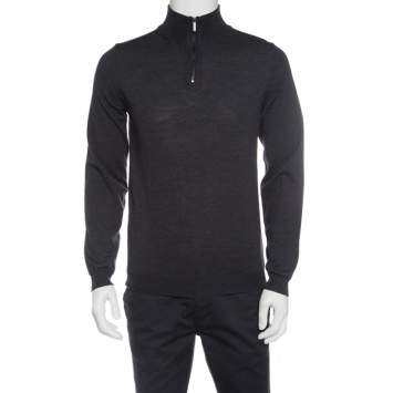 Pre Owned Boss By Hugo Boss Grey Extra Fine Merino Wool Zip Detail Sweater M
