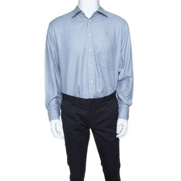 Pre Owned Boss By Hugo Boss Blue Herringbone Pattern Long Sleeve Cotton Shirt L