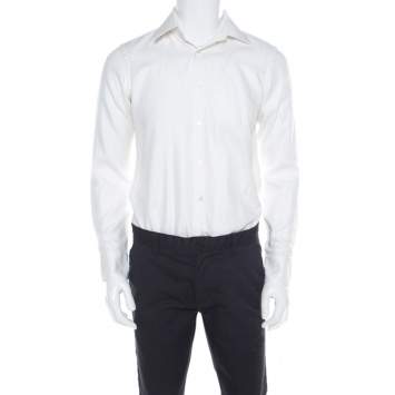 Pre Owned Hugo by Hugo Boss White Herringbone Long Sleeve Regular Fit Shirt S
