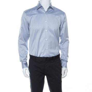 Pre Owned Boss By Hugo Boss Blue and White Woven Cotton Gerald Shirt M