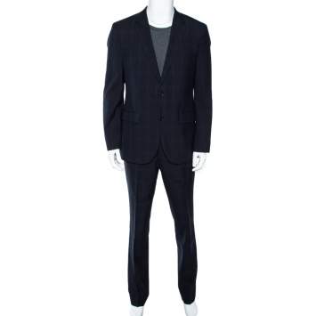 Pre Owned Boss By Hugo Boss Midnight Blue Checkered Wool The Grand/Central US Outlet Suit L 