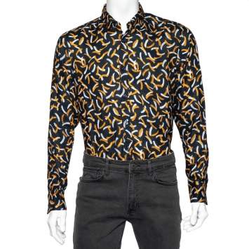 Pre Owned Boss By Hugo Boss Black Printed Linen Relegant Regular Fit Shirt M
