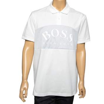 Pre Owned Boss By Hugo Boss White Cotton & Mesh Paneled Logo Printed Polo T-Shirt XXL 