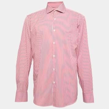Pre Owned Boss By Hugo Boss Red Striped Cotton Stretch Regular Fit Shirt XXL