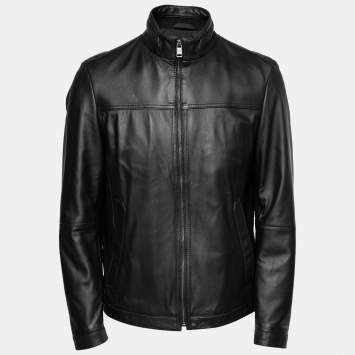 Pre Owned Boss By Hugo Boss Black Leather  Zip Front Nilas_1 Biker Jacket L