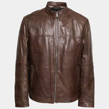 Pre Owned Boss By Hugo Boss Brown Leather Laudin Zip Front Jacket L 